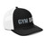 Black/White six-panel snapback-style trucker cap with embroidered Gym DAD logo, right-front view — DAD all caps