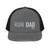 Charcoal/Black six-panel snapback-style trucker cap with embroidered Run DAD logo, front view — DAD all caps