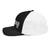 Black/White six-panel snapback-style trucker cap with embroidered Run DAD logo, left side view — DAD all caps
