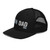 Black six-panel snapback-style trucker cap with embroidered Run DAD logo, left-front view — DAD all caps