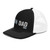Black/White six-panel snapback-style trucker cap with embroidered Run DAD logo, left-front view — DAD all caps