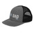 Charcoal/Black six-panel snapback-style trucker cap with embroidered Run DAD logo, left-front view — DAD all caps