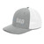 Heather Grey/White six-panel snapback-style trucker cap with embroidered Run DAD logo, left-front view — DAD all caps
