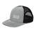 Heather Grey/Black six-panel snapback-style trucker cap with embroidered Run DAD logo, left-front view — DAD all caps