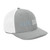 Heather Grey/White six-panel snapback-style trucker cap with embroidered Run DAD logo, right-front view — DAD all caps