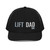 Black six-panel snapback-style trucker cap with embroidered Lift DAD logo, front view — DAD all caps