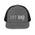 Charcoal/Black six-panel snapback-style trucker cap with embroidered Lift DAD logo, front view — DAD all caps