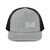 Heather Grey/Black six-panel snapback-style trucker cap with embroidered Lift DAD logo, front view — DAD all caps