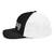 Black/White six-panel snapback-style trucker cap with embroidered Lift DAD logo, left side view — DAD all caps