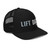 Black six-panel snapback-style trucker cap with embroidered Lift DAD logo, right-front view — DAD all caps