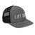 Charcoal/Black six-panel snapback-style trucker cap with embroidered Lift DAD logo, right-front view — DAD all caps