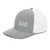 Heather Grey/White six-panel snapback-style trucker cap with embroidered Hike DAD logo, left-front view — DAD all caps