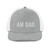 Heather Grey/White six-panel snapback-style trucker cap with embroidered Morning DAD logo, front view — DAD all caps