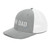 Heather Grey/White six-panel snapback-style trucker cap with embroidered Morning DAD logo, left-front view — DAD all caps