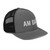 Charcoal/Black six-panel snapback-style trucker cap with embroidered Morning DAD logo, right-front view — DAD all caps