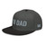 Black/Charcoal Gray structured high-profile six-panel snapback hat with embroidered I'm DAD logo, left-front view — DAD all caps
