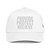 White classic fit structured five-panel cap with embroidered Provide Protect Believe logo, front view — DAD all caps