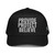 Black classic fit structured five-panel cap with embroidered Provide Protect Believe logo, front view — DAD all caps