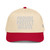 Red/Natural classic fit structured five-panel cap with embroidered Provide Protect Believe logo, front view — DAD all caps