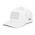 White classic fit structured five-panel cap with embroidered Provide Protect Believe logo, left-front view — DAD all caps