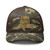Camo/Brown camouflage mesh-back trucker hat with embroidered Fish Hunt Shoot logo, front view — DAD all caps