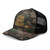 Camo/Black camouflage mesh-back trucker hat with embroidered Fish Hunt Shoot logo, left-front view — DAD all caps