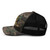 Camo/Black camouflage mesh-back trucker hat with embroidered Fish Hunt Shoot logo, left side view — DAD all caps