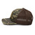 Camo/Brown camouflage mesh-back trucker hat with embroidered Fish Hunt Shoot logo, left side view — DAD all caps
