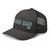 Charcoal six-panel mesh-back trucker cap with embroidered Grand DAD logo, left-front view — DAD all caps