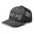 Dark Heather Gray six-panel mesh-back trucker cap with embroidered Grand DAD logo, left-front view — DAD all caps