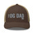 Brown/Khaki six-panel mesh-back trucker cap with embroidered OG DAD logo, front view — DAD all caps