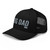 Black six-panel mesh-back trucker cap with embroidered OG DAD logo, left-front view — DAD all caps