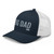 Navy/White six-panel mesh-back trucker cap with embroidered OG DAD logo, left-front view — DAD all caps