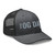 Dark Heather Gray six-panel mesh-back trucker cap with embroidered OG DAD logo, right-front view — DAD all caps