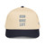 Navy/Natural classic fit structured five-panel cap with embroidered Run Hike Lift logo, front view — DAD all caps