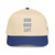 Royal/Natural classic fit structured five-panel cap with embroidered Run Hike Lift logo, front view — DAD all caps