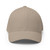 Khaki structured flex fit cap with embroidered DAC logo, front view — DAD all caps