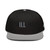 Gray/Black structured high-profile six-panel snapback hat with embroidered Grill DAD logo, front view — DAD all caps