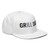 White structured high-profile six-panel snapback hat with embroidered Grill DAD logo, right-front view — DAD all caps