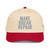 Red/Natural classic fit structured five-panel cap with embroidered Make Break Repair logo, front view — DAD all caps