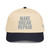 Navy/Natural classic fit structured five-panel cap with embroidered Make Break Repair logo, front view — DAD all caps