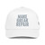 White classic fit structured five-panel cap with embroidered Make Break Repair logo, front view — DAD all caps