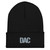 Black DAC cuffed knit beanie with embroidered DAC logo on cuff, front view — DAD all caps