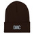 Brown DAC cuffed knit beanie with embroidered DAC logo on cuff, front view — DAD all caps