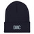 Navy DAC cuffed knit beanie with embroidered DAC logo on cuff, front view — DAD all caps