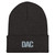Dark Grey DAC cuffed knit beanie with embroidered DAC logo on cuff, front view — DAD all caps