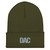 Olive DAC cuffed knit beanie with embroidered DAC logo on cuff, front view — DAD all caps