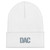White DAC cuffed knit beanie with embroidered DAC logo on cuff, front view — DAD all caps