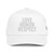 White classic fit structured five-panel cap with embroidered Love Honor Respect logo, front view — DAD all caps