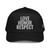 Black classic fit structured five-panel cap with embroidered Love Honor Respect logo, front view — DAD all caps